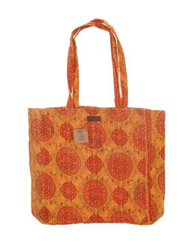 Orange og gul mønstret stoftaske med rødt mandala-print og lange skulderstropper