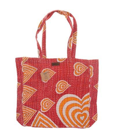 Rød quiltet tote-taske med orange og hvidt hjerteprint, let genanvendelig skuldertaske til hverdagsshopping og rejser