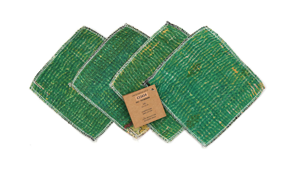 Bordskåner sæt af 4 stk. i grøn bomuld, 12x14 cm, med synlig kant og opbevaringsmærke (image)