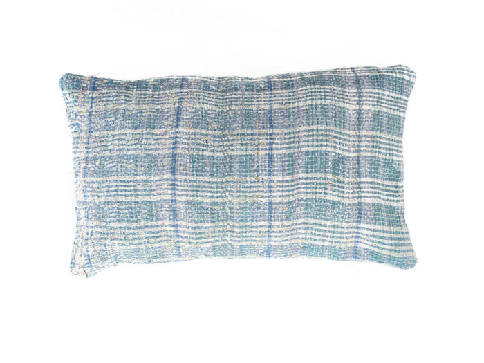Sari pudebetræk 30x50 med patchwork mønster i sennepsgul, blå og lilla med cirkler og dekorative detaljer