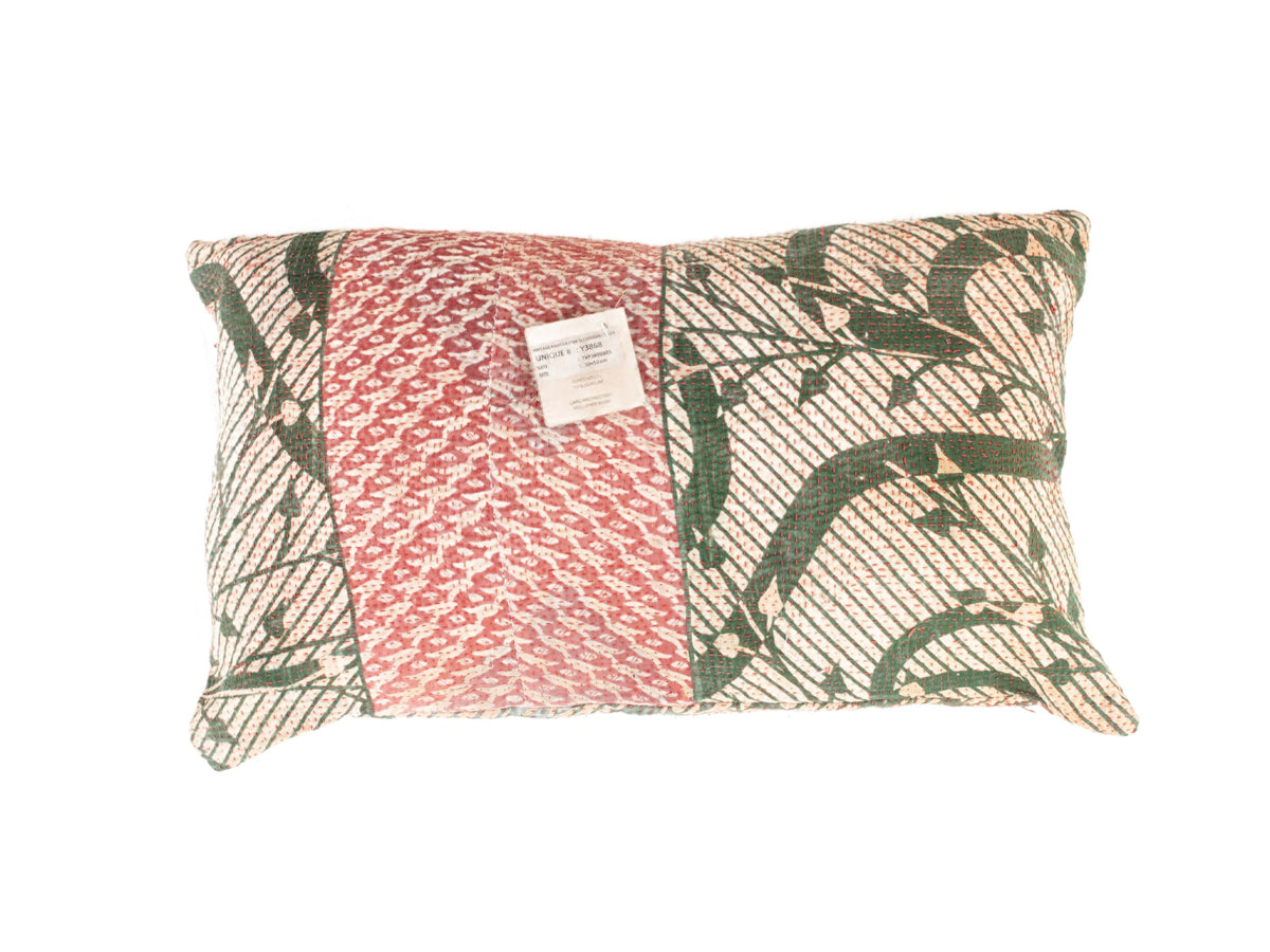 Sari-Kissenbezug 30x50 in Grün, Creme und Rot mit indischem/orientalischem Muster und Blumen - einzigartiges Sari-Kissen im Boho- und Vintage-Stil (indischer Kissenbezug)