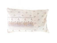 Sari pillowcase 30x50 in white, beige and brown patchwork with purple and green stripes - unique Indian boho vintage pillow in colorful sari cushion fabric patterns