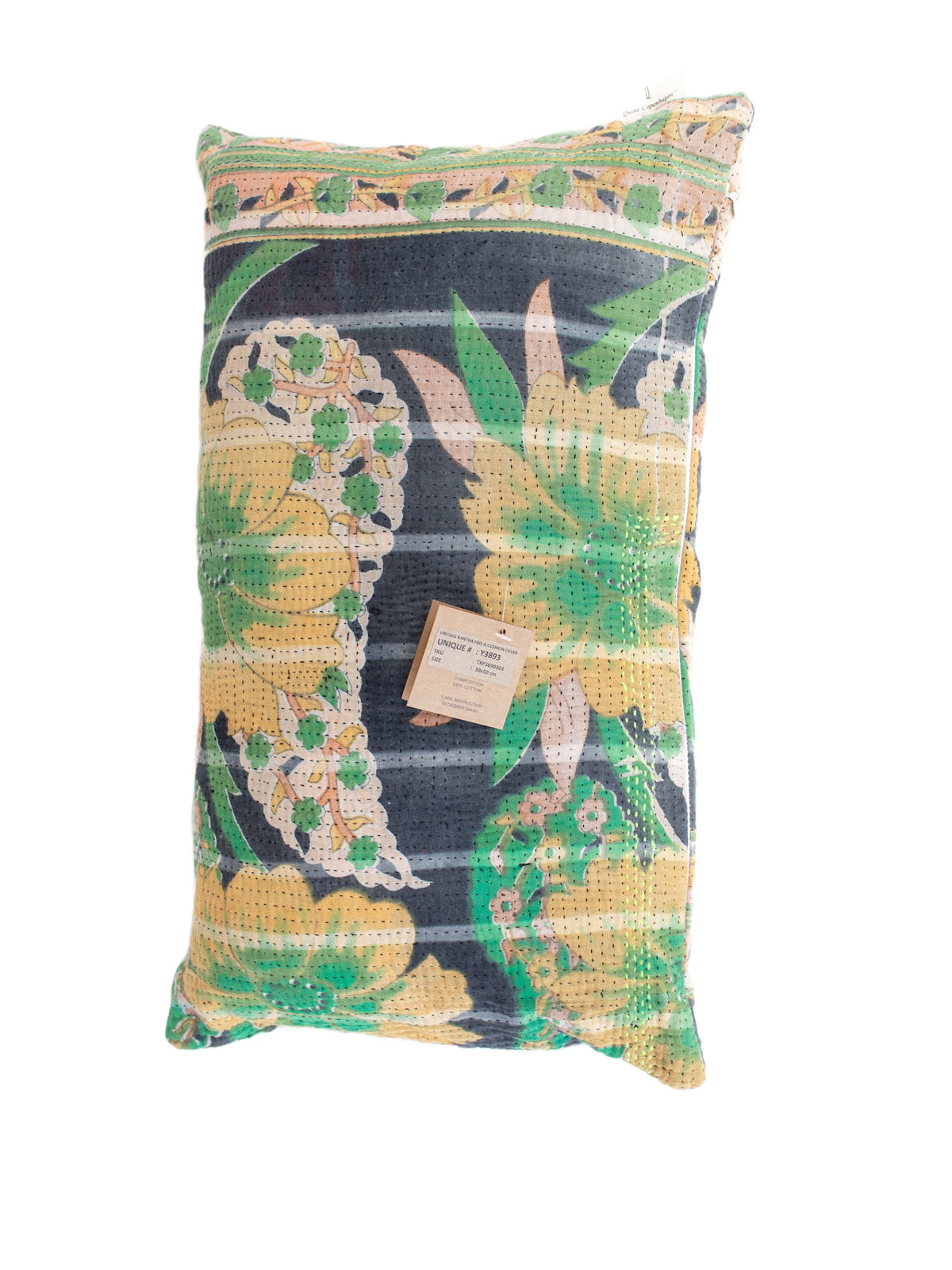 Sari pudebetræk 30x50 i boho og vintage stil med farverige blomster- og dyremotiver i grøn, gul, grå og orange med dekorative striber og etniske detaljer