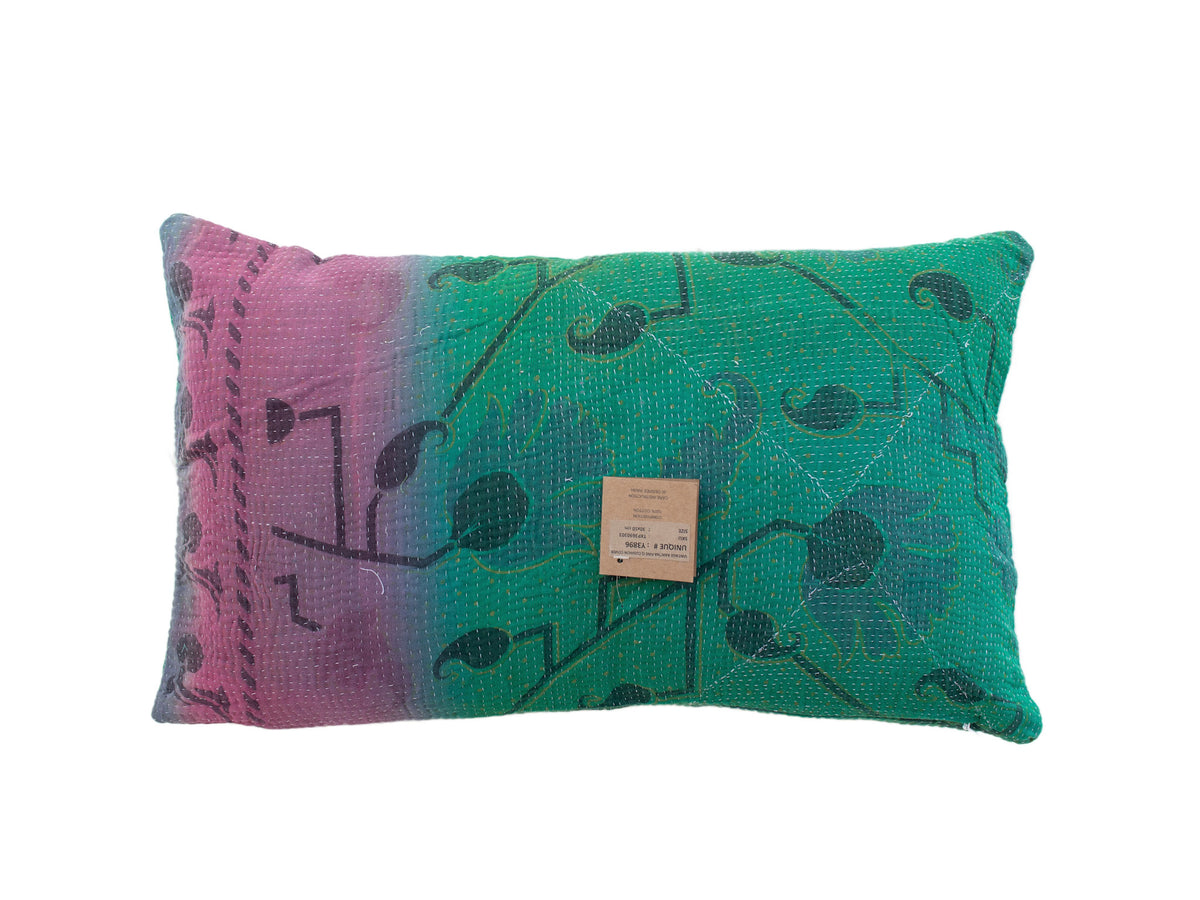 Sari pillowcase 30x50 in emerald green with dark blue oriental pattern and herringbone/inspired details - unique Indian pillow, boho and vintage style