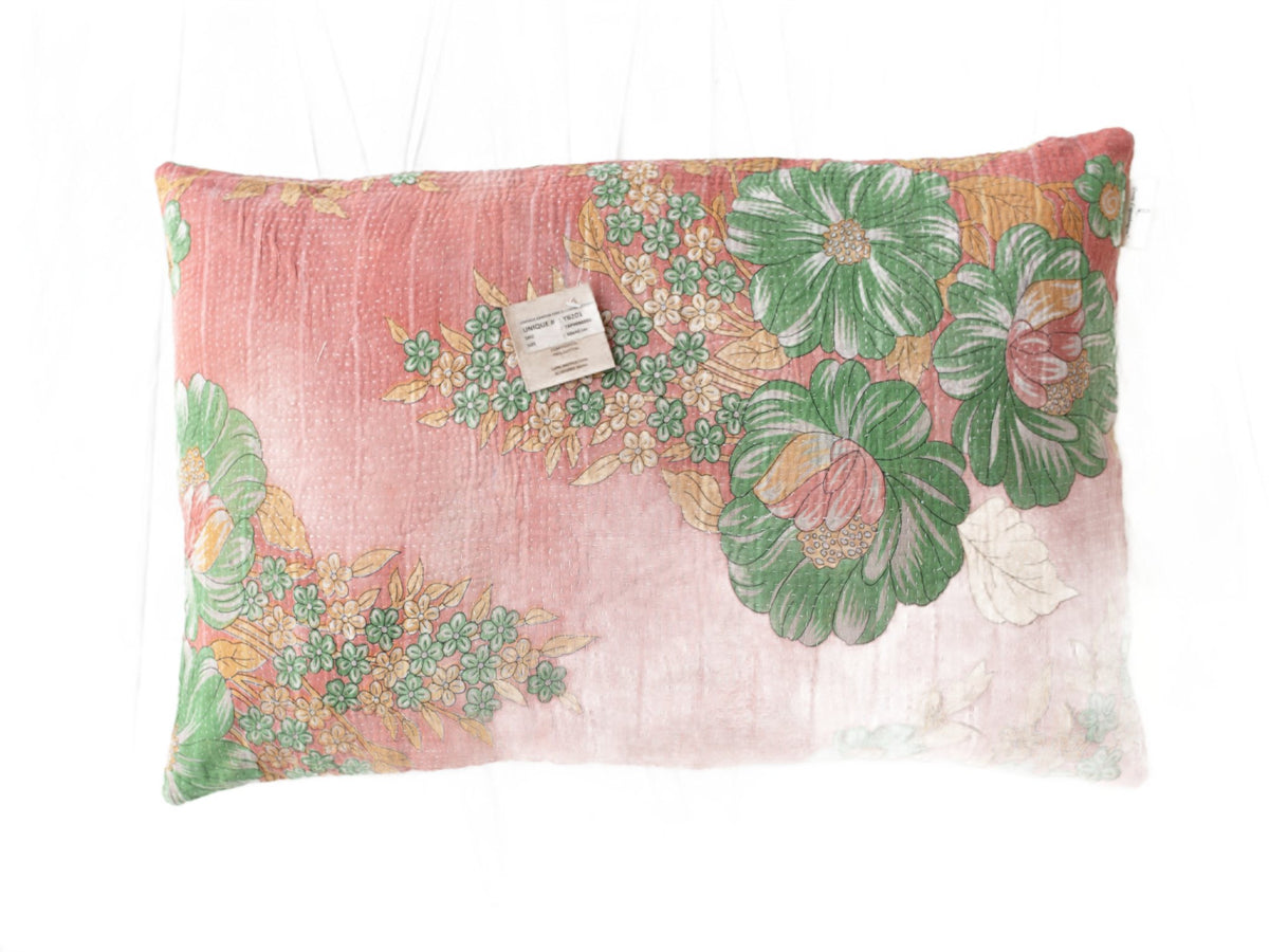 Unikt sari pudebetræk 60x40 i farverige guld-/creme-, blå- og rødtoner med orientalske mønstre og diagonale striber – saripude / indisk pudebetræk i vintage boho-stil