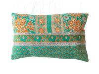 Sari pillowcase 60x40 with colorful bohemian patterns in mustard yellow, black and petrol blue as well as pink details - unique Indian upcycled sari pillow with oriental design