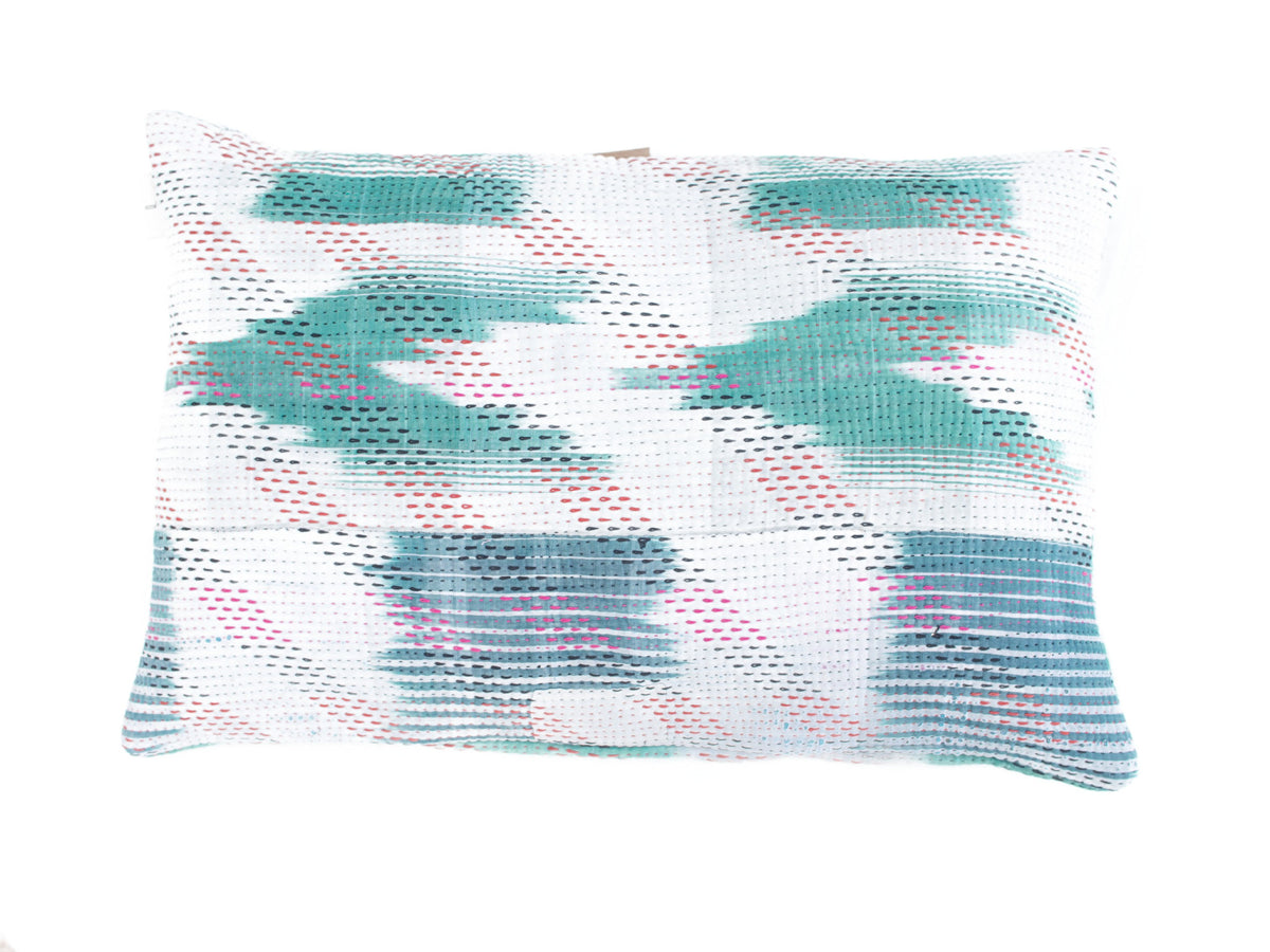Sari pudebetræk 60x40 cm i patchwork med farverige grønne og turkise toner, vintage boho/boheme orientalsk mønster og unika saripude i upcycled stof