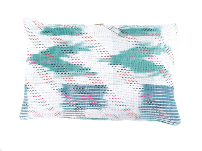 Sari pudebetræk 60x40 cm i patchwork med farverige grønne og turkise toner, vintage boho/boheme orientalsk mønster og unika saripude i upcycled stof