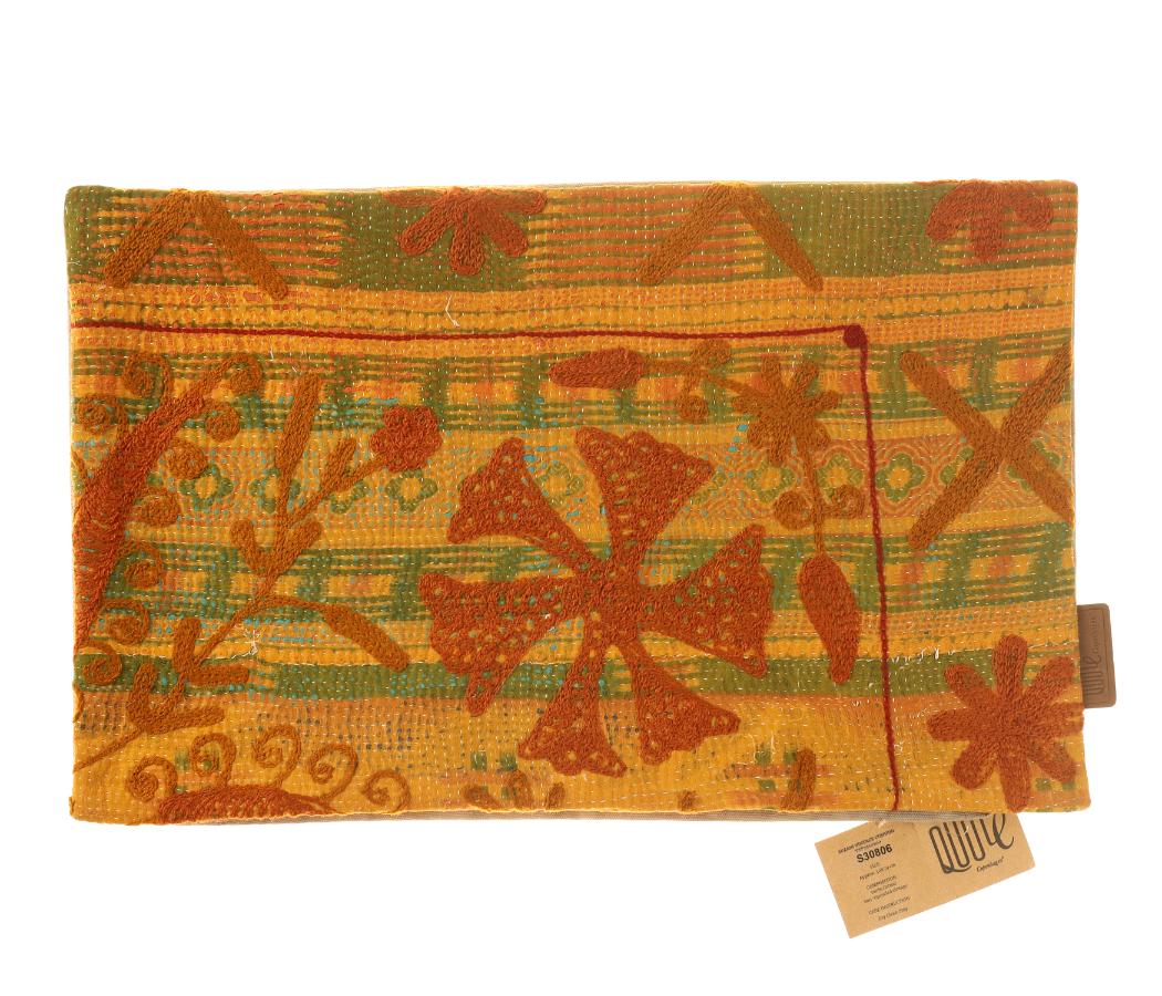 Farverigt suzani pudebetrÃ¦k 30x50 cm med indisk vintage orientalsk mÃ¸nster i rustorange olivengrÃ¸n og sennepsgul samt stiliserede motiver
