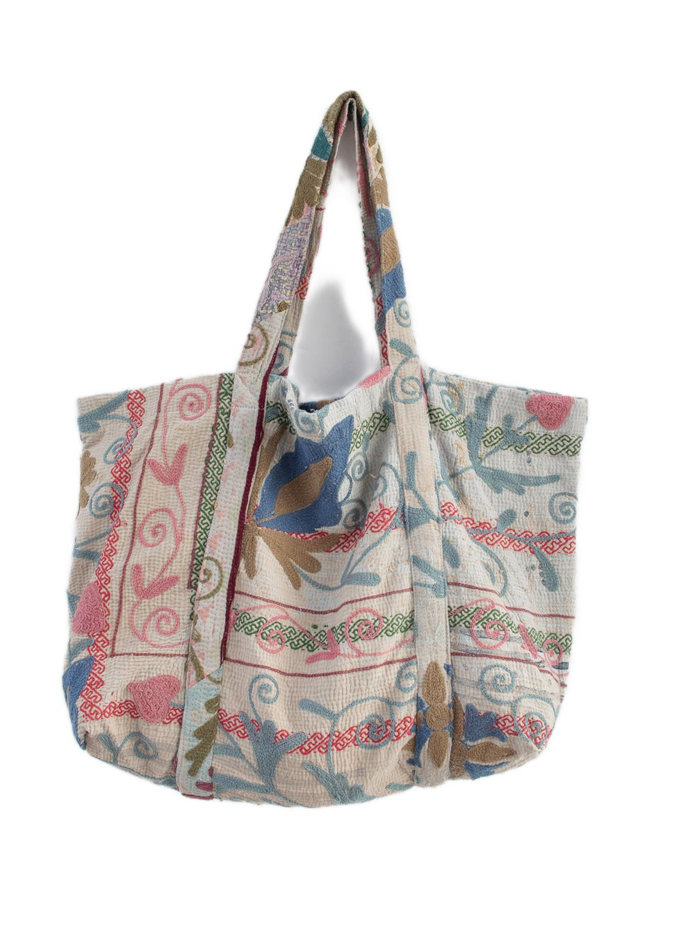 Vintage Suzani beach bag with embroidery in pink, blue, green and sand, front view
