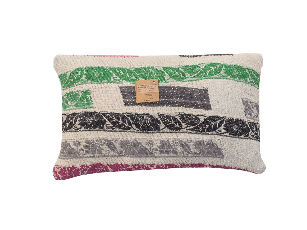 Unique sari pillowcase 30x50 with colorful patchwork stripes in cream, green, black, red and blue patterns - boho/Indian style.
