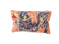Unique suzani pillowcase 30x50 cm with dark navy background and colorful bohemian embroidery in orange red and yellow with sling patterns