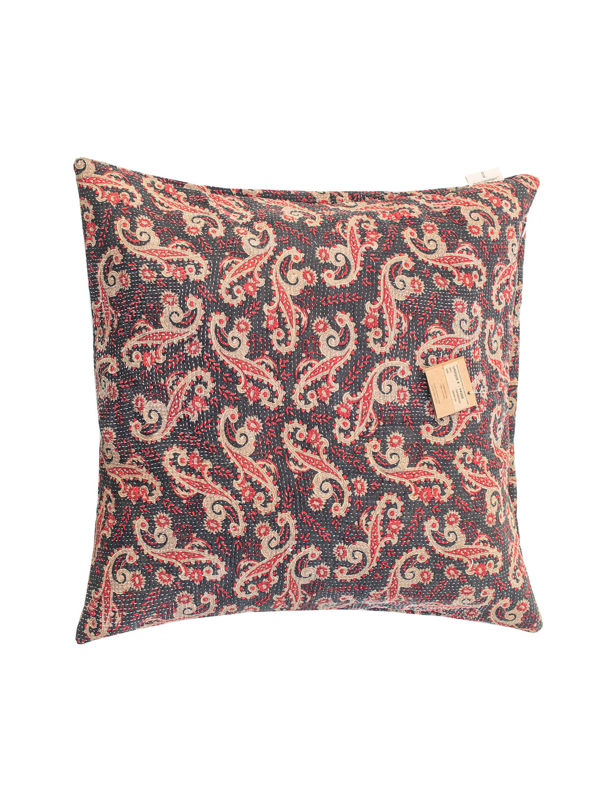 Unikt sari pudebetræk 50x50 med boheme boheme-paisley i mørkeblå/sort, rød og beige-guld mønster (indisk vintage saripude)