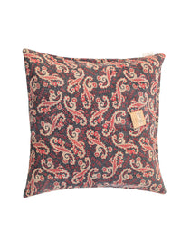 Unikt sari pudebetræk 50x50 med boheme boheme-paisley i mørkeblå/sort, rød og beige-guld mønster (indisk vintage saripude)