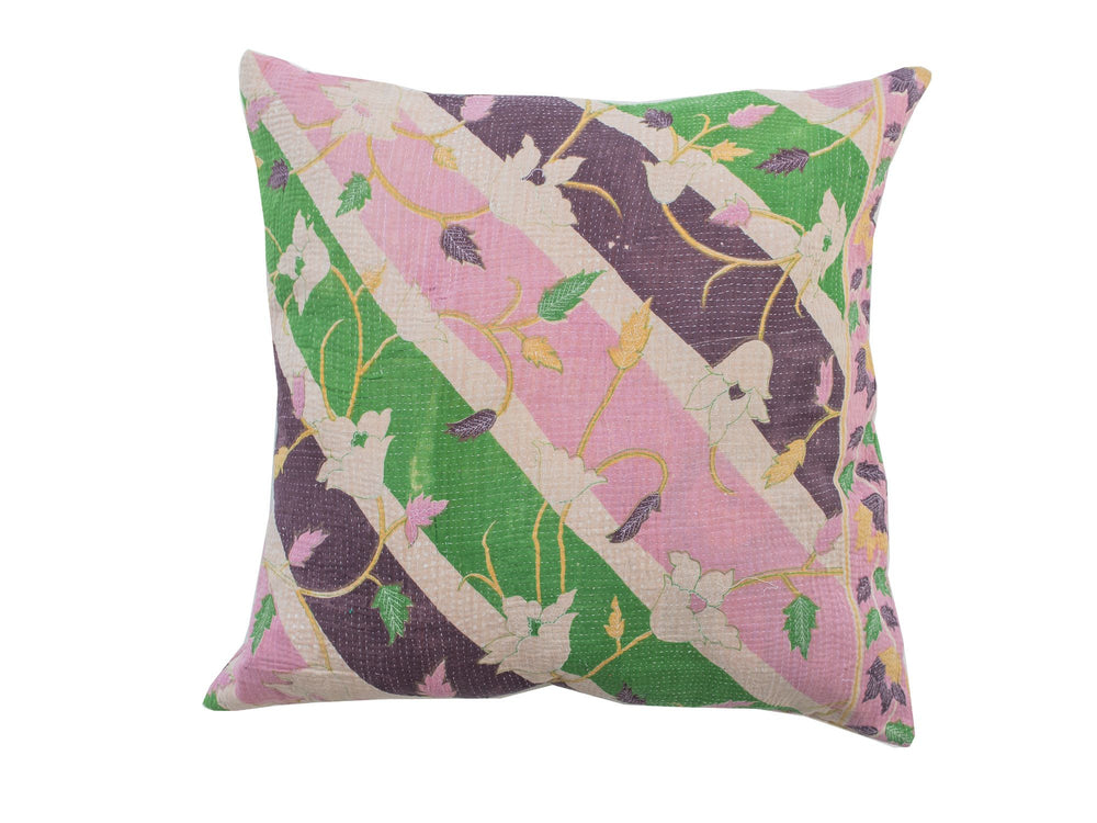 Sari pudebetræk 50x50 med farverige blomster- og blademønstre i grøn, pink og lilla, vintage boho indisk indretning, saripude/unik pude (indisk pudebetræk)