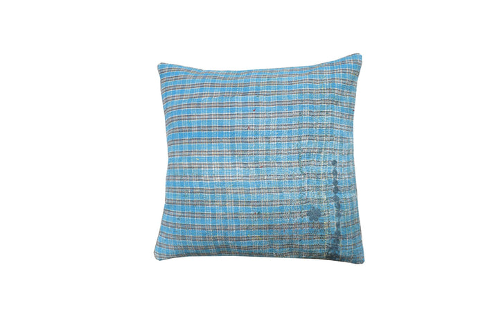 50x50 sari pudebetræk i blå, turkis og beige med fine striber og etnisk, vintage vævet mønster – unika saripude i boho/boheme stil