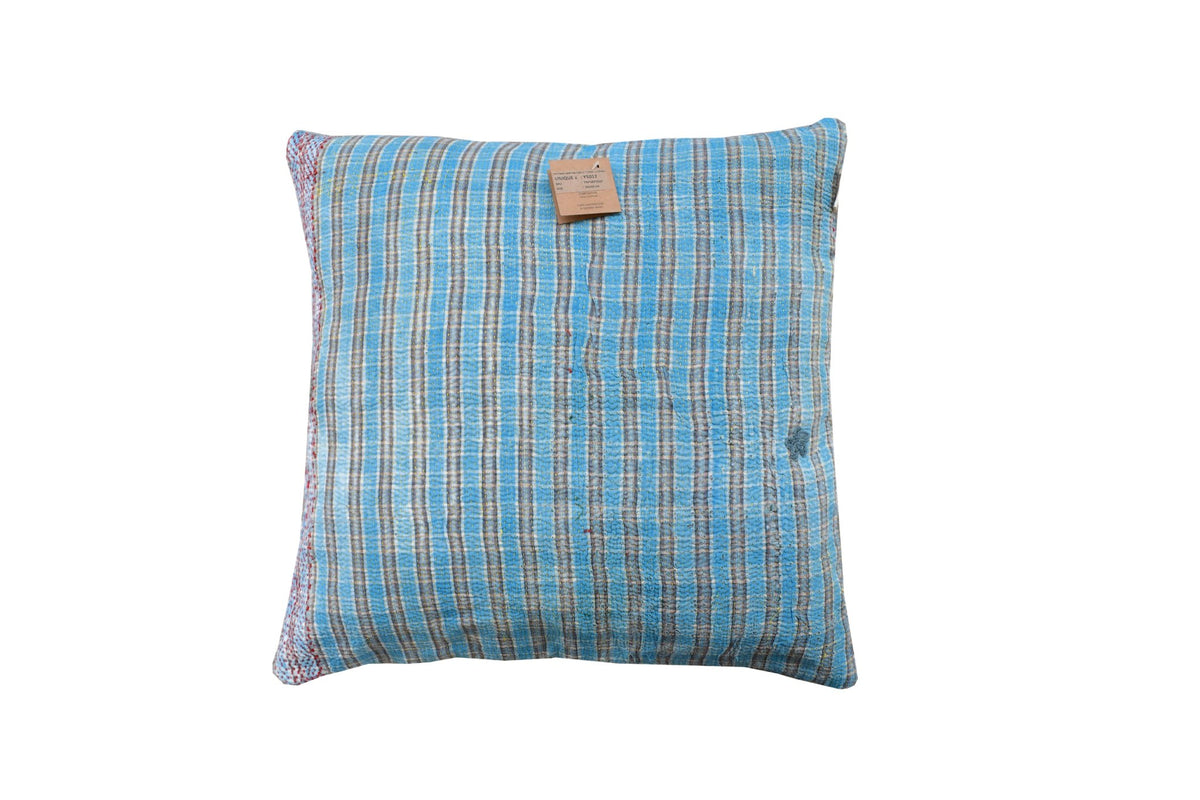 Sari-Kissenbezug 50x50 mit blauen Farben, beigen und grauen vertikalen Streifen und Vintage-Muster - indisches, bohemisches und upgecyceltes Sari-Kissen (einzigartig)