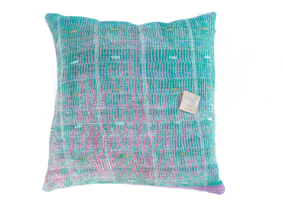 Sari pudebetræk 50x50 i turkis og lyserød med vintage boho mønster – unika sari pude i indisk/orientalsk stil, farverige etniske saripuder