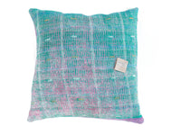Sari pudebetræk 50x50 i turkis og lyserød med vintage boho mønster – unika sari pude i indisk/orientalsk stil, farverige etniske saripuder