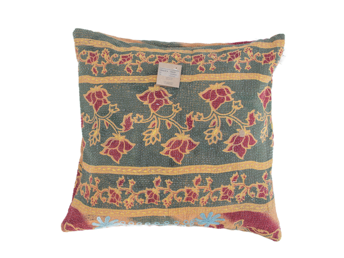 Indisk sari pudebetræk 50x50 med unikt vintage boho mønster i mørkegrøn, bordeaux, okker og gul (saripude / saripuder, upcycled)
