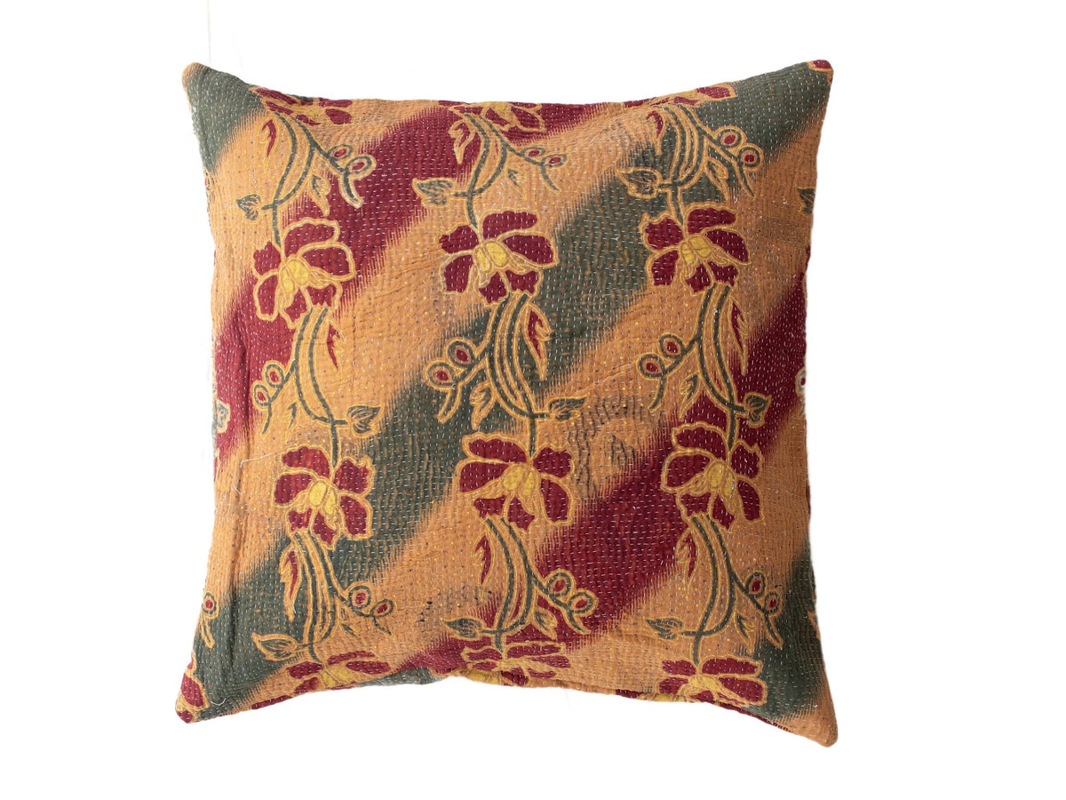 Sari pudebetræk 50x50 i vintage boho stil med farverige blomstermønstre i bordeaux, sennep og grøn samt guldfarvede detaljer, etnisk indisk saripude/unik pude betræk