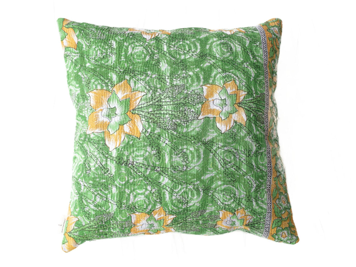 Grønt indisk saripudebetræk 50x50 med farverige blomster og vintage mønster, boheme saripude/unik pude i boho stil