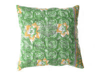 Grønt indisk saripudebetræk 50x50 med farverige blomster og vintage mønster, boheme saripude/unik pude i boho stil