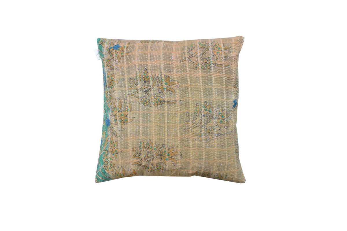 50x50 sari pudebetræk i beige med farverige orientalske blomster- og slyngemønstre i teal, grøn og blå – vintage boho/boheme indisk indpakning til saripuder og unika puder