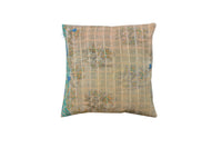 50x50 sari pudebetræk i beige med farverige orientalske blomster- og slyngemønstre i teal, grøn og blå – vintage boho/boheme indisk indpakning til saripuder og unika puder