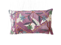 Suzani pillowcase with purple bottom embroidered flowers and sling in gray green and yellow on white border in colorful boho vintage ethnic sari pillow