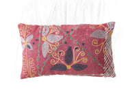 Suzani pudebetrÃ¦k 30x50 cm i vinrÃ¸d med broderede paisley og blade i grÃ¥ sort guld og grÃ¸nne prikker som sari pude i boho stil