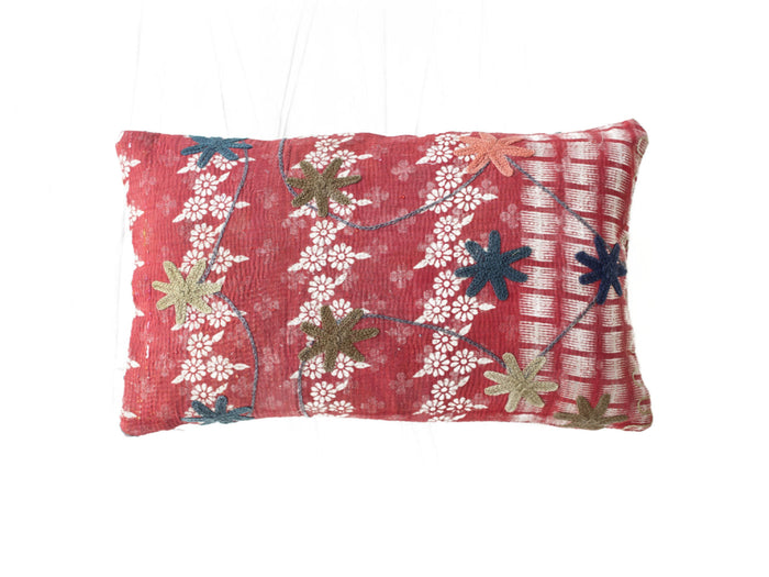 Unique suzani pillowcase 30x50 cm in red burgundy with white flowers blue embroidered windings and green star applications ethnic vintage style