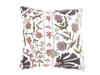 Unique suzani pillowcase 50x50 cm in white canvas with colorful vintage embroidery of flowers and sling in dusty pink olive green and anthracite