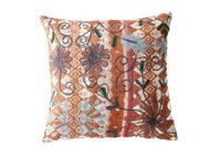 Unique suzani pillowcase 50x50 cm in terracotta, white and pink with dark blue rosettes and wrap patterns in boho vintage oriental ethnic style.