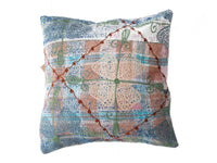 Unique suzani pillowcase 50x50 cm in boho vintage ethnic style with colorful patchwork and embroidered sling patterns in blue green beige and pink