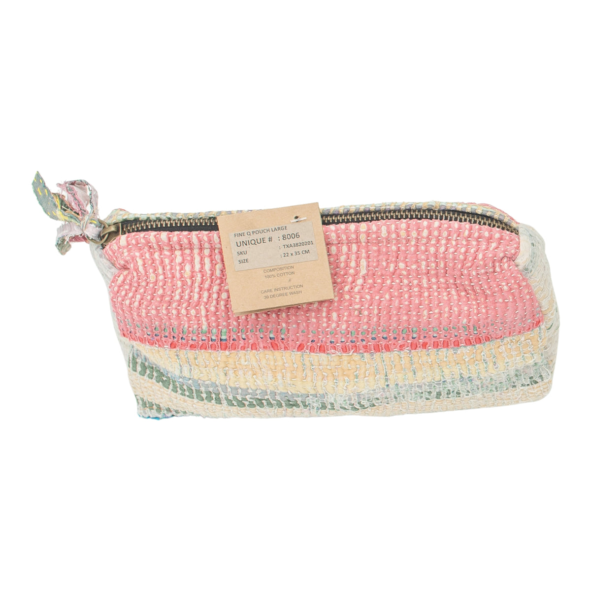 Kosmetiktasche Fine Q Pouch Large, 17 × 12 cm, in Rosa, Creme und Grün mit Reißverschluss und Streifen.