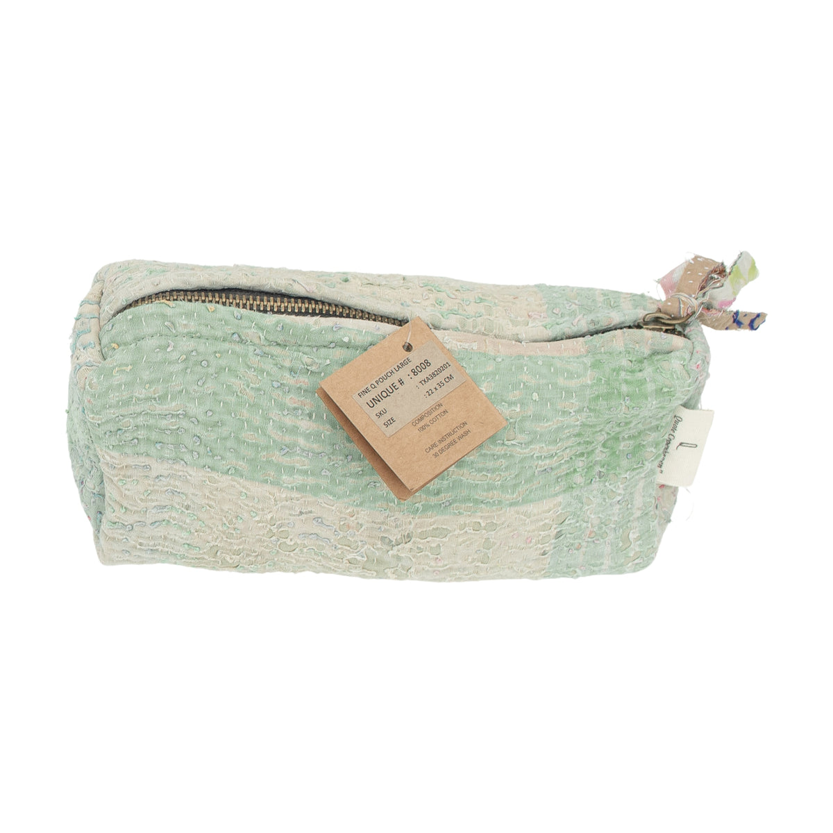 Pochette Fine Q Pouch Large, 17 × 12 cm, dans les tons vert menthe et crème, avec fermeture zippée et des panneaux de tissu colorés.