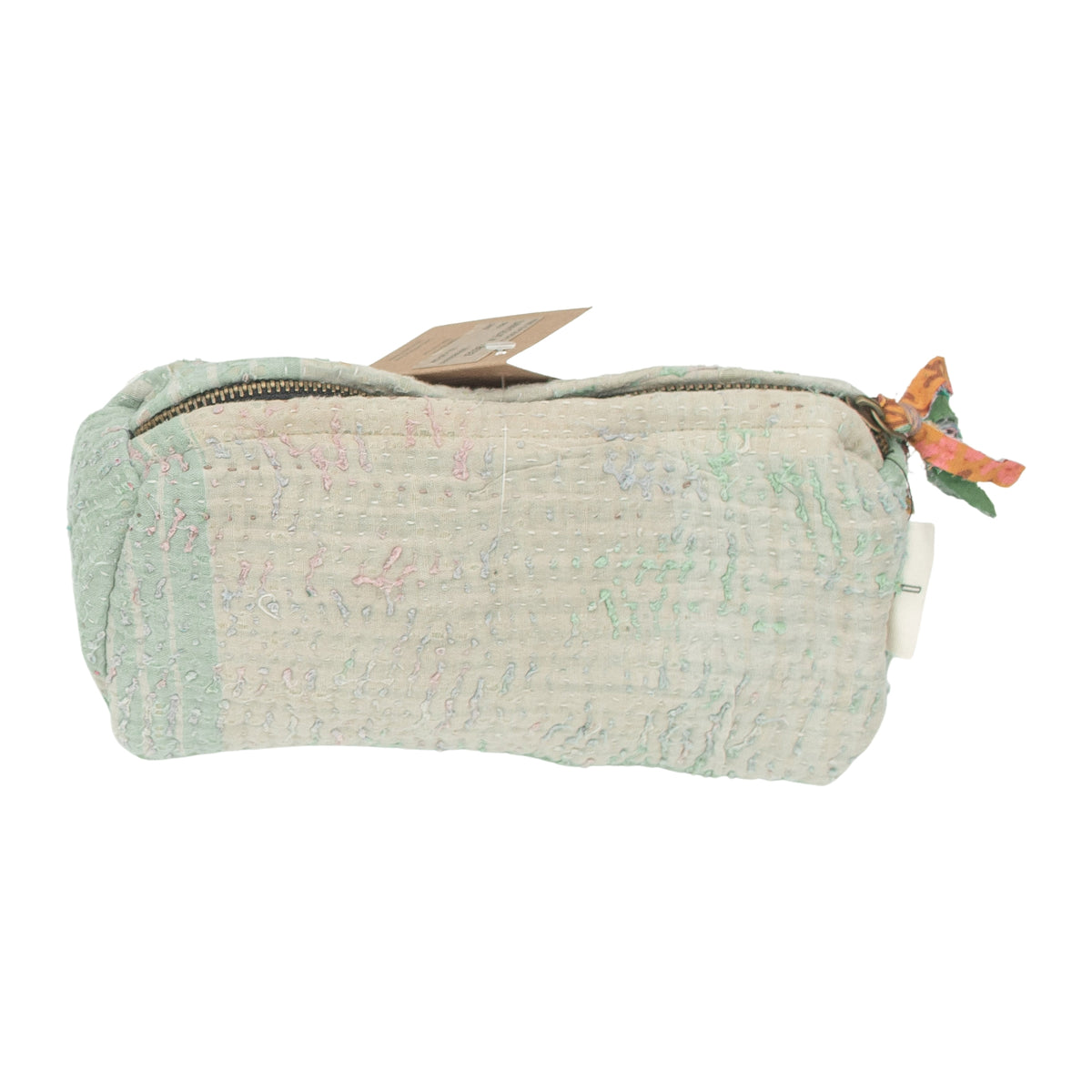 Kosmetiktasche Fine Q Pouch Large, 17 × 12 cm, in Mintgrün und Creme mit Reißverschluss und farbigen Stoffpartien.