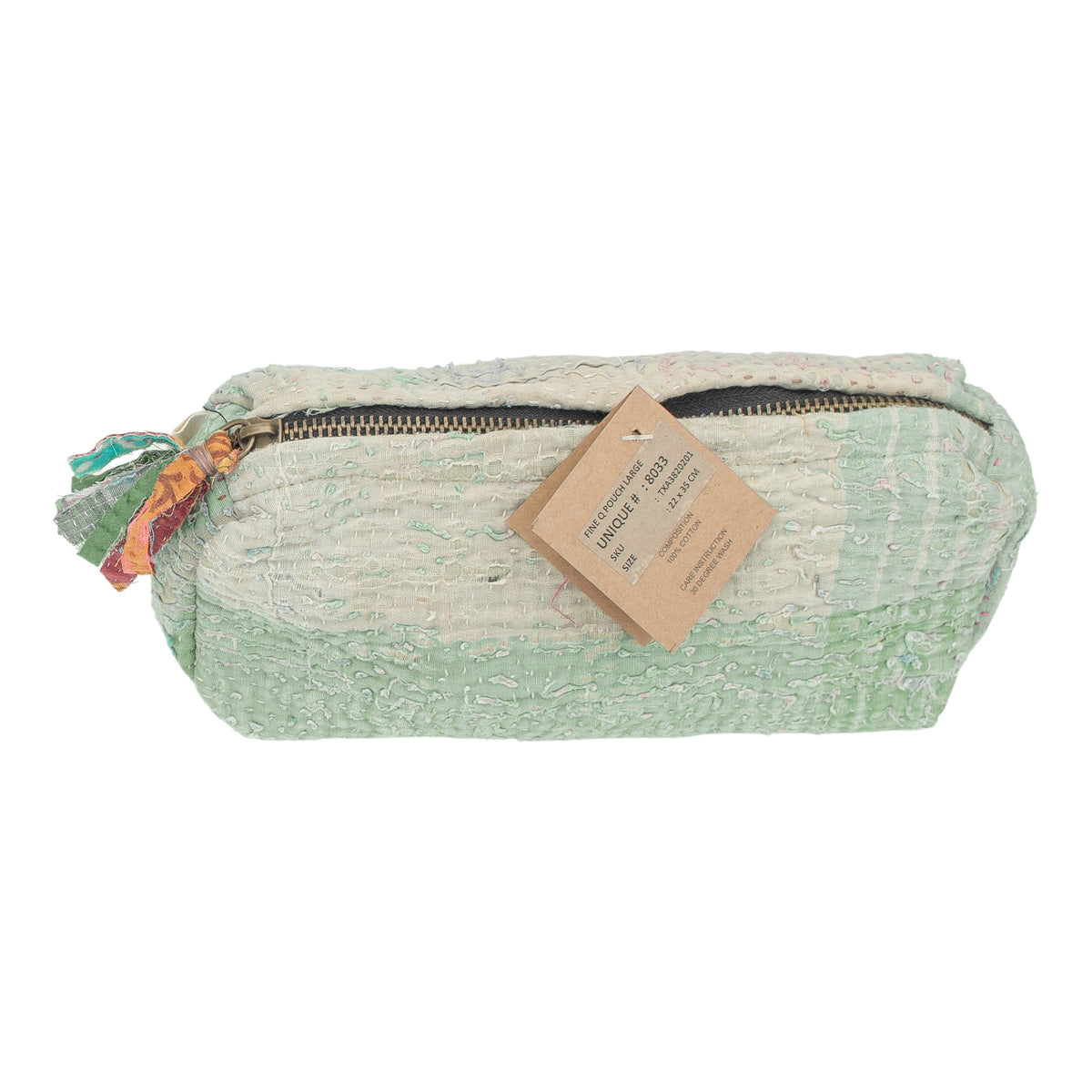 Kosmetiktasche Fine Q Pouch Large, 17 × 12 cm, in Mintgrün und Creme mit Reißverschluss und farbigen Stoffpartien.