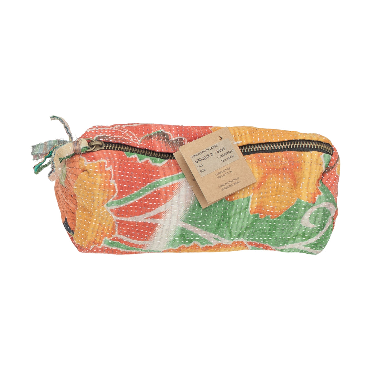 Pochette Fine Q Pouch Large, 17 × 12 cm, dans les tons orange, rouge et vert, avec fermeture zippée et un motif floral.