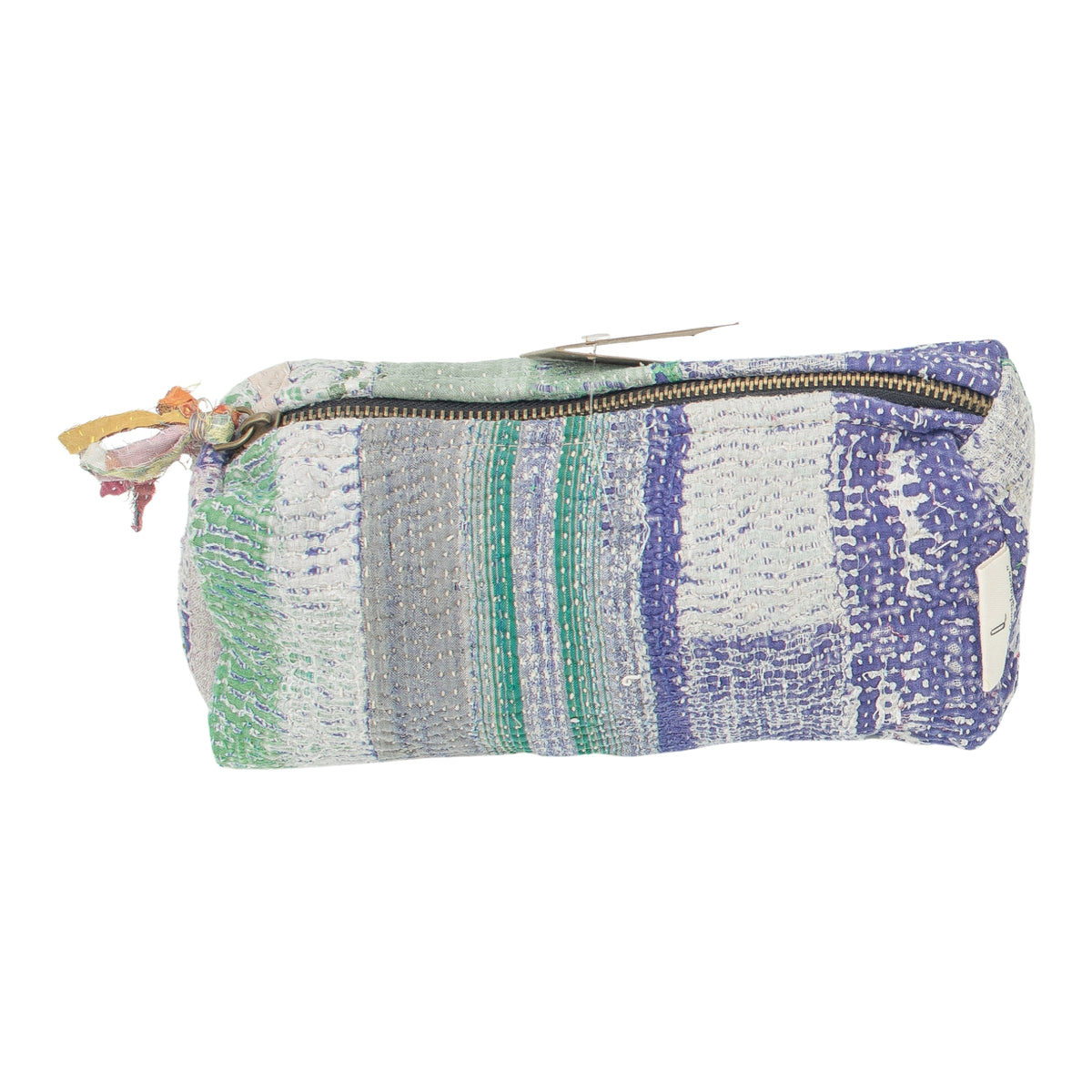 Kosmetiktasche Fine Q Pouch Large, 17 × 12 cm, in Violett, Grün und Creme mit Reißverschluss und Streifen.