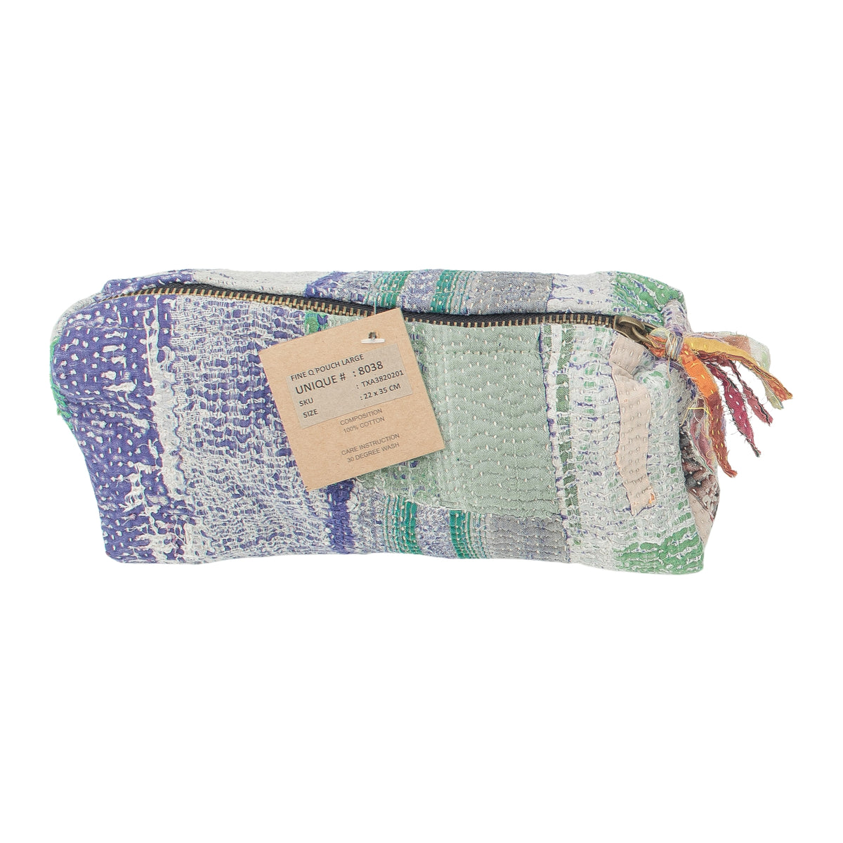 Kosmetiktasche Fine Q Pouch Large, 17 × 12 cm, in Violett, Grün und Creme mit Reißverschluss und Streifen.