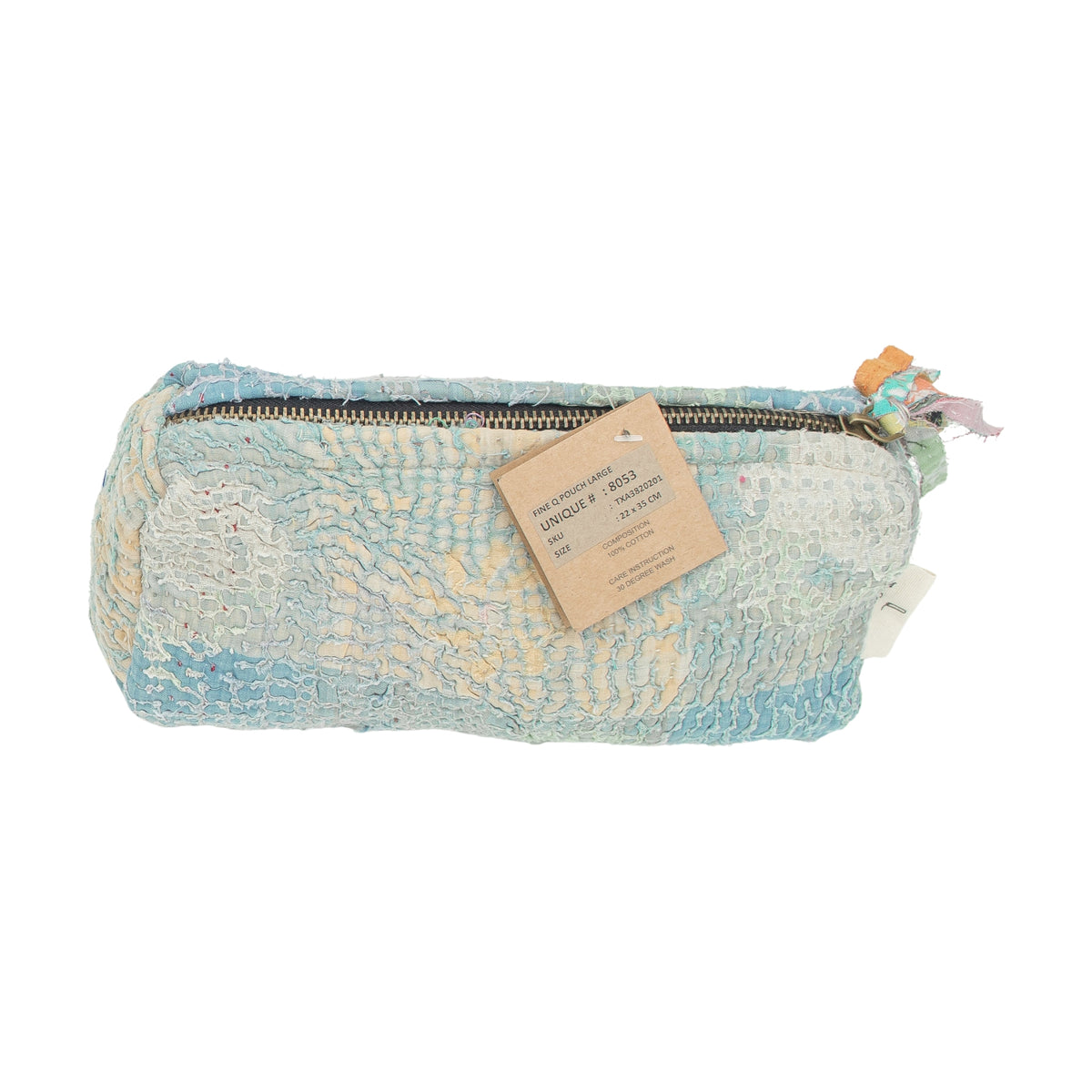 Kosmetiktasche Fine Q Pouch Large, 17 × 12 cm, in Hellblau und Creme mit Reißverschluss und farbigen Stoffpartien.