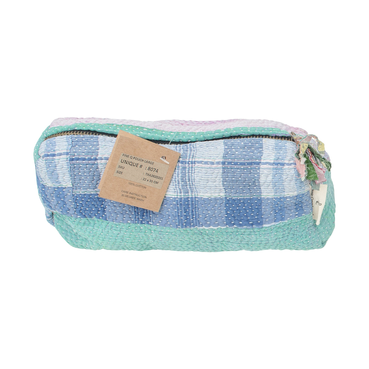 Kosmetiktasche Fine Q Pouch Large, 17 × 12 cm, in Blau, Weiß und Mintgrün mit Reißverschluss und Karomuster.