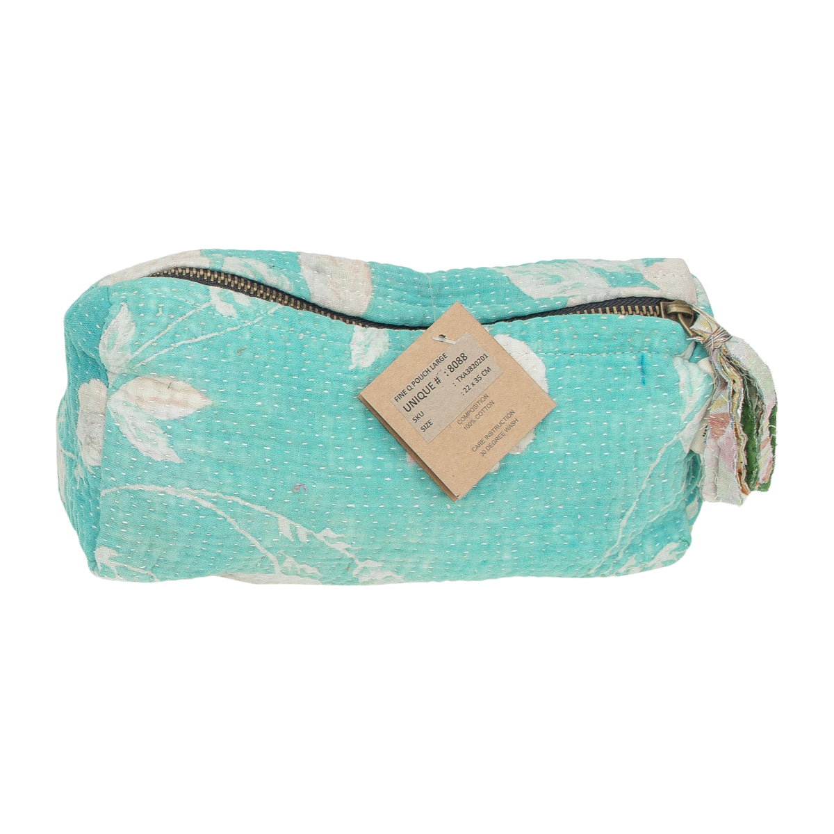 Kosmetiktasche Fine Q Pouch Large, 17 × 12 cm, in Türkis und Creme mit Reißverschluss und Blattmuster.