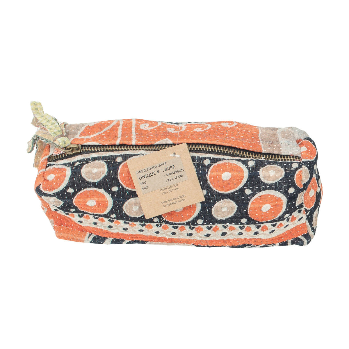 Kosmetiktasche Fine Q Pouch Large, 17 × 12 cm, in Orange, Schwarz und Beige mit Reißverschluss und Kreismuster.